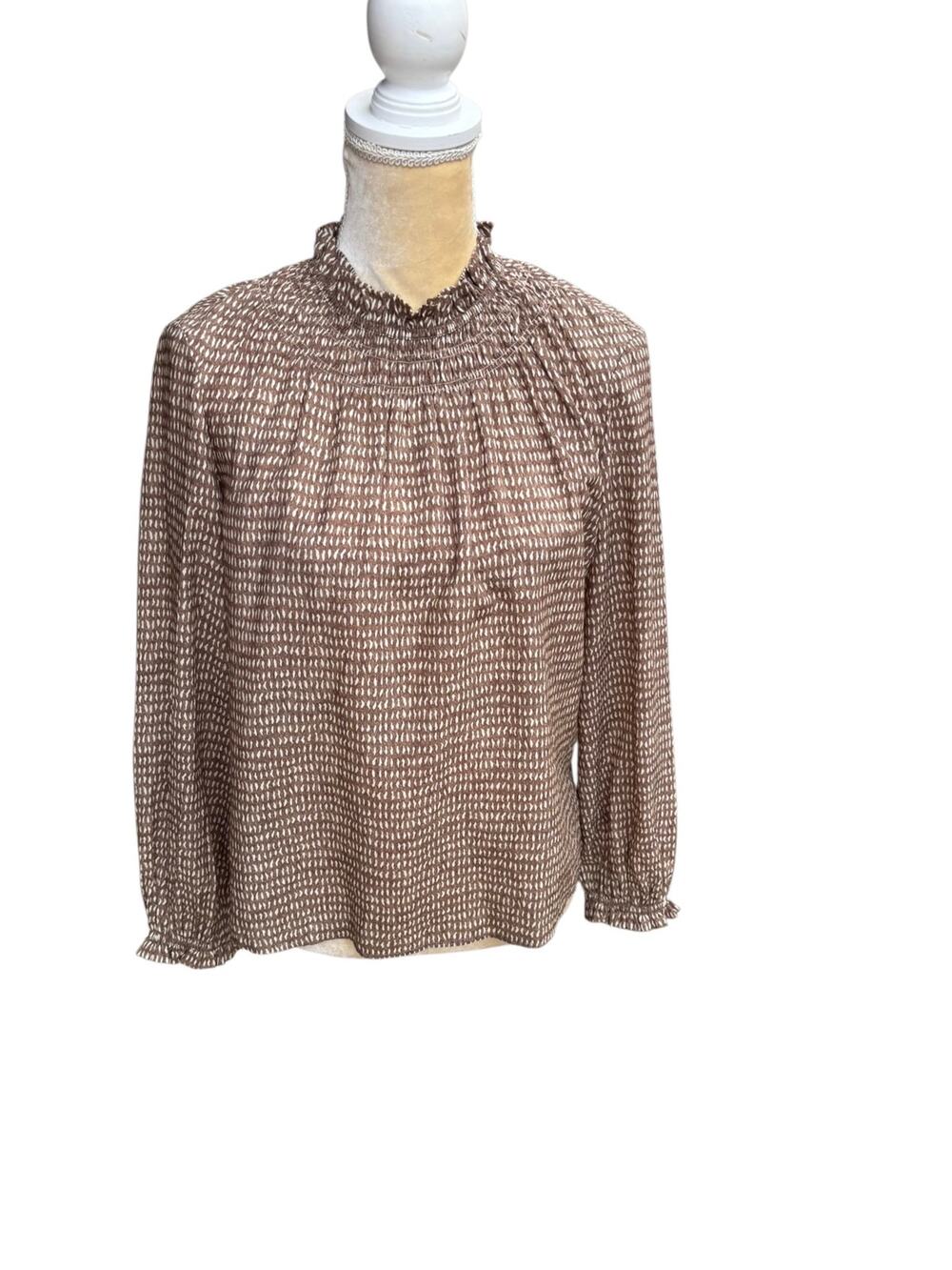 J McLaughlin Antonia Blouse Brown Mock Neck Ruffle Trim Size Small
